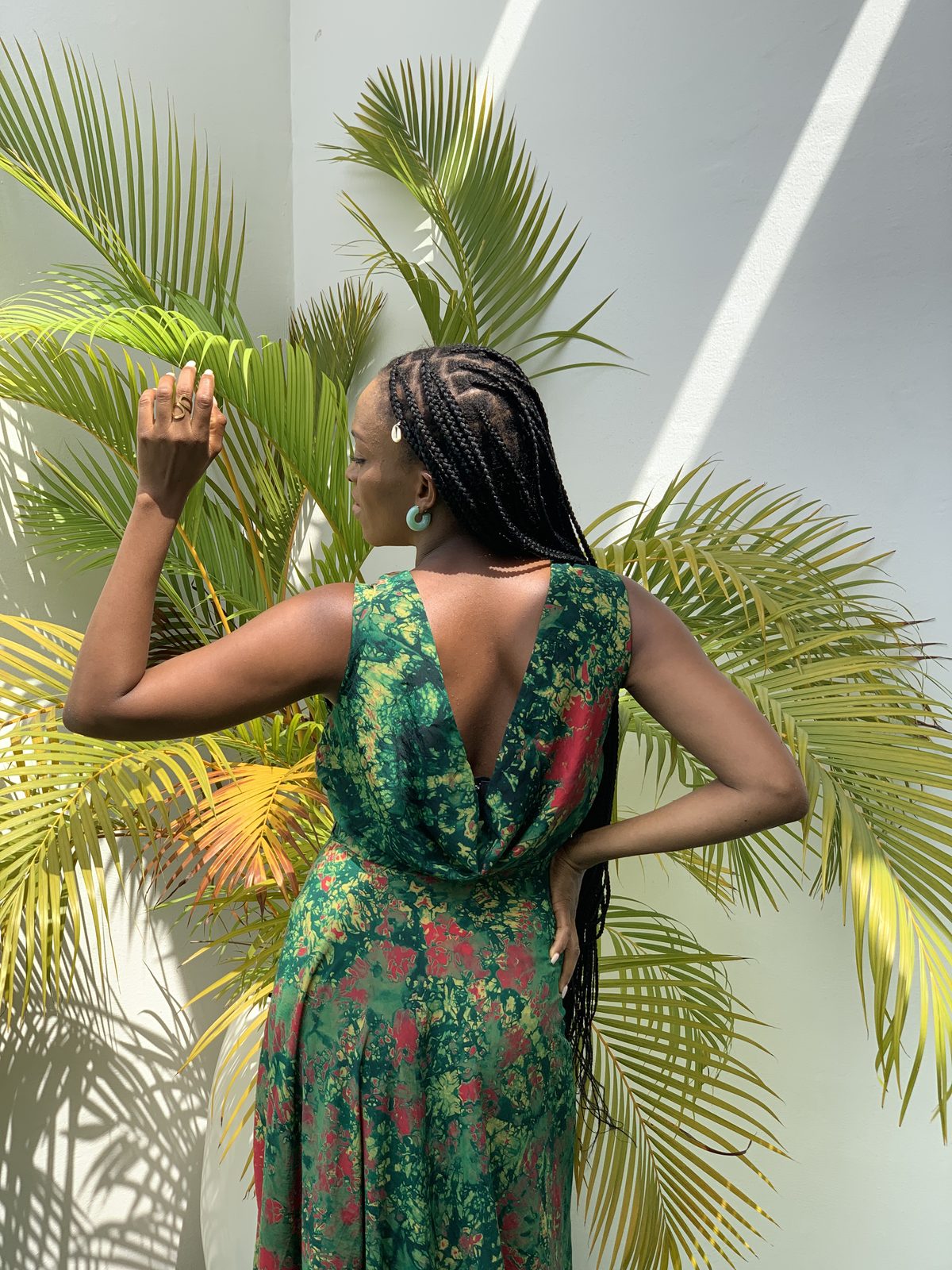 AFẸ́FẸ́ II on model, deep cowl back in green floral Àdìrẹ
