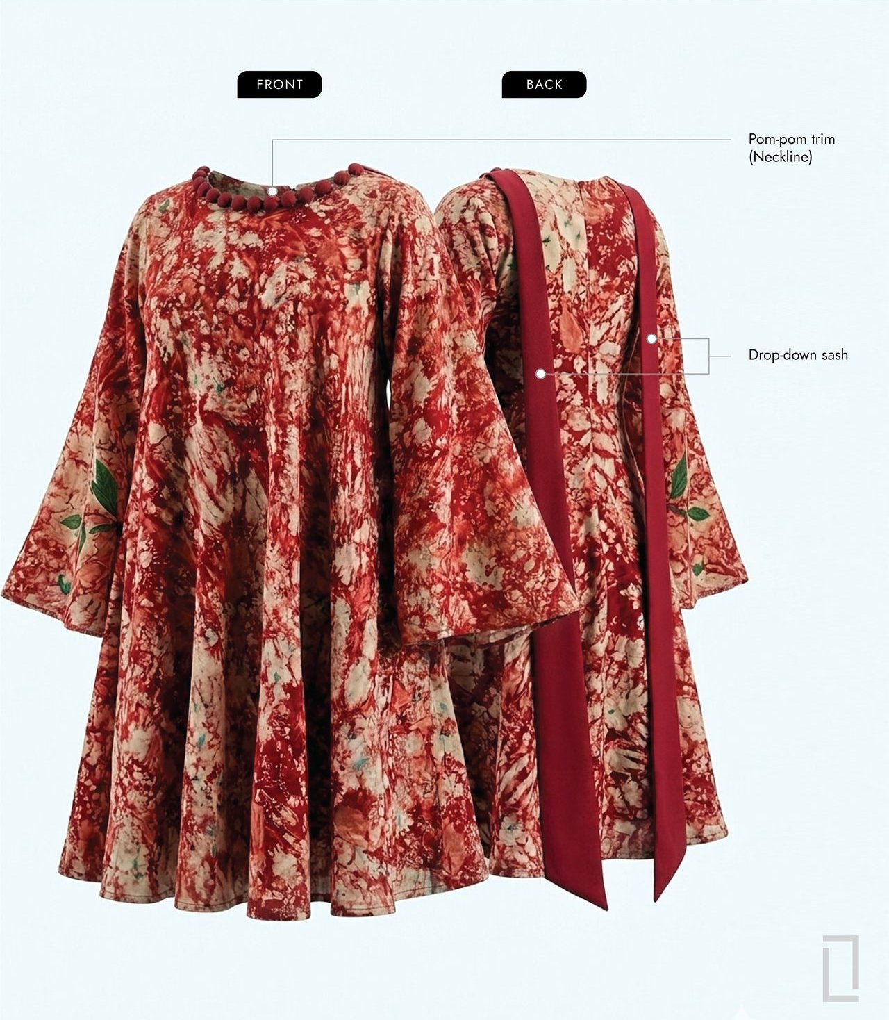 AFẸ́FẸ́ V product details: pom-pom neckline, flared sleeves and drop-down sash